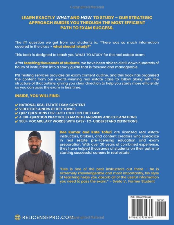 Back cover of the National Real Estate Exam Study Guide by Dee Kumar and Kate Tofuri