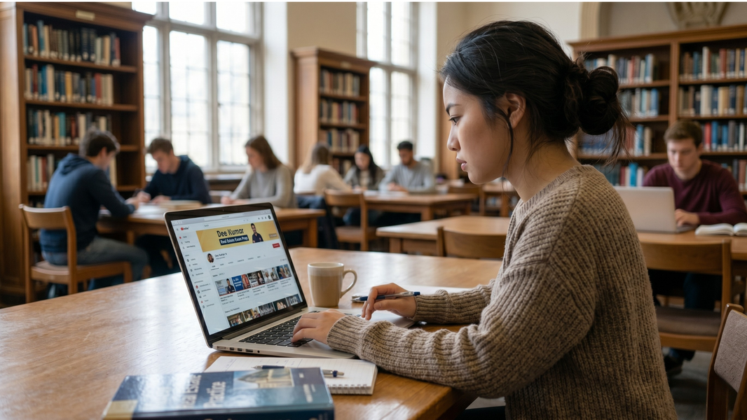Female student studying for the real estate exam with free real estate practice questions from Dee Kumar's YouTube channel on a laptop in a library.