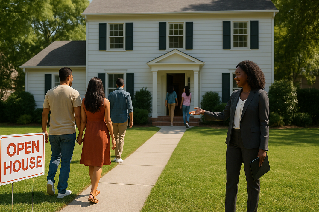 A real estate agent hosting an open house to generate leads