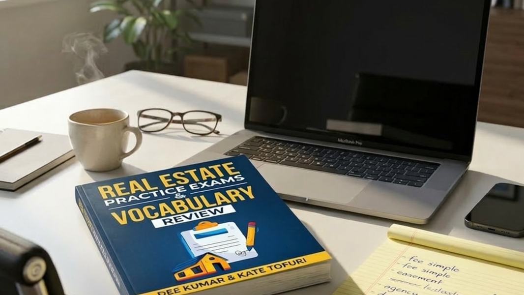 the desk of a student studying for the real estate exam with a copy of Real Estate Practice Exams and Vocabulary Review next to an open laptop