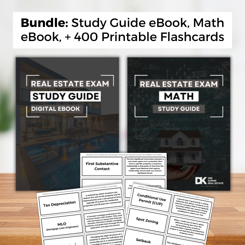 Bundle of 3 products: Real Estate Exam Study Guide eBook, Real Estate Math eBook, Printable flashcards
