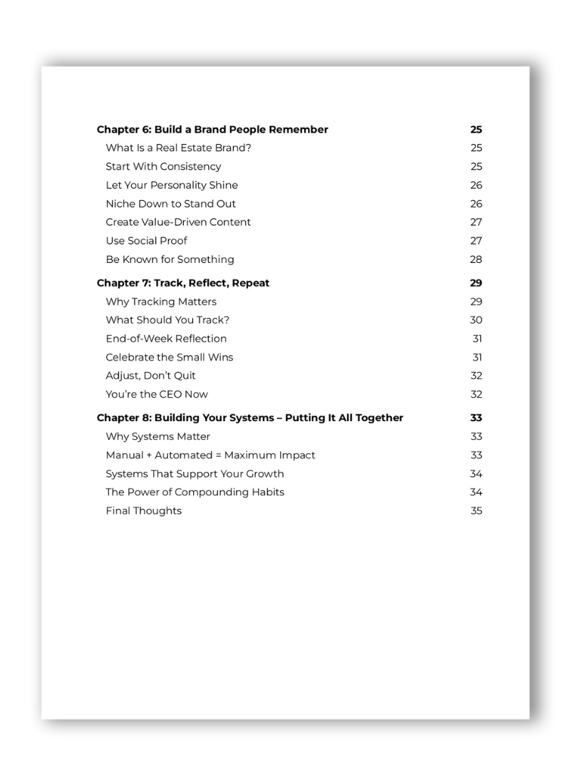 Table of Contents for the New Real Estate Agent Blueprint page 2 of 2