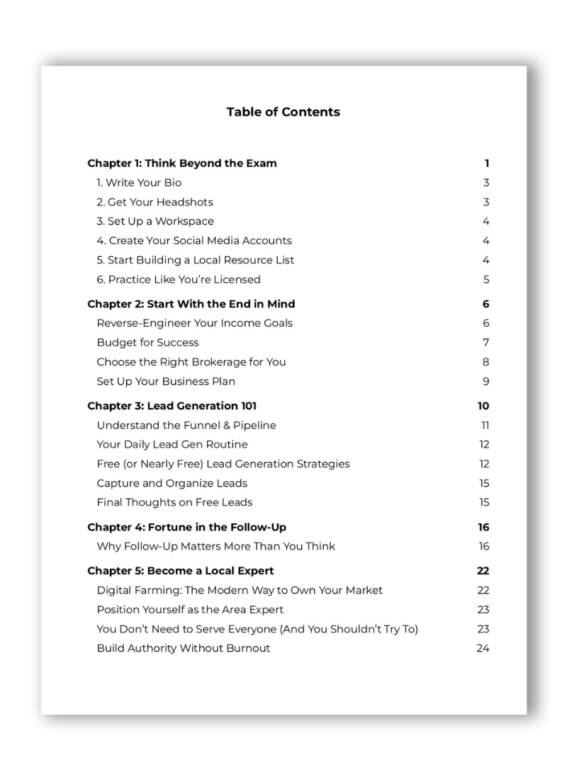 Table of Contents for the New Real Estate Agent Blueprint page 1 of 2