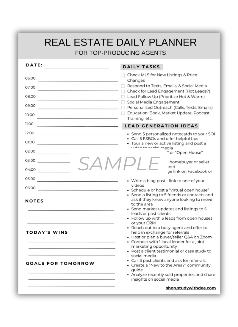 Real Estate Agent Daily Planner Sample page