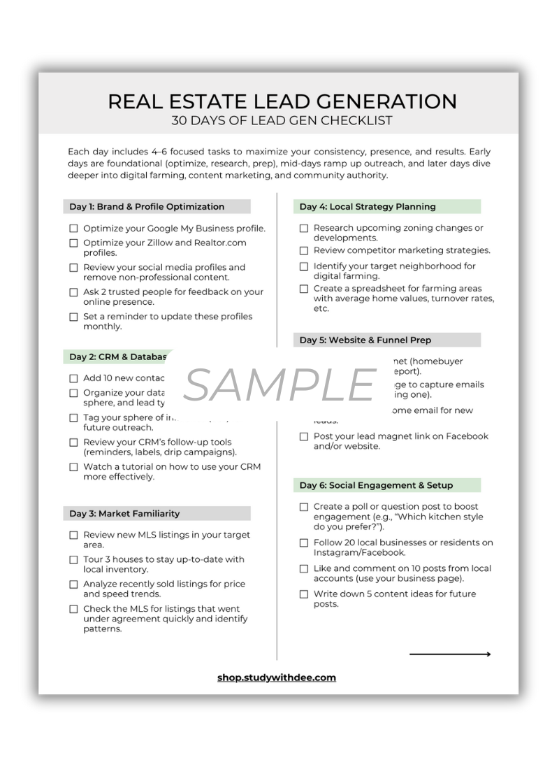 Real Estate Lead Generation Checklist Sample